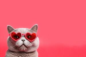 AI generated Banner closeup portrait of a gray British shorthair cat wearing heart shaped glasses on a red background. Valentine Day concept. Copy space photo
