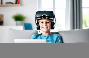 AI generated 10 yo boy sitting at sofa, wearing VR garniture. Child interacts with virtual characters in virtual reality, bright children's room blurred background. Play, communication, education photo