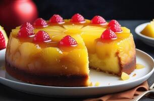 AI generated Crushed pineapple upside down cake on wooden table, hard light. taste of tropical vacation, exotic culinary, evoking sense of luxury and relaxation in food blogs, travel magazines photo