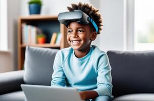 ai generado 10 yo negro chico sentado a sofá, vistiendo vr guarnición. niño interactúa con virtual caracteres en virtual realidad, brillante para niños habitación borroso antecedentes. jugar, comunicación, educación foto