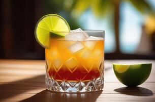 ai generado mai Tai Ron cóctel con Lima y almendra, conjunto en de madera mesa, dramático difícil Encendiendo. esencia de tropical vacaciones, gusto de paraíso. ideal para viaje folletos, cóctel menú foto