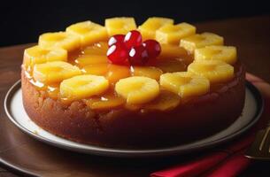 AI generated Crushed pineapple upside down cake on wooden table, hard light. taste of tropical vacation, exotic culinary, evoking sense of luxury and relaxation in food blogs, travel magazines photo