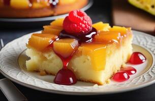 AI generated Crushed pineapple upside down cake on wooden table, hard light. taste of tropical vacation, exotic culinary, evoking sense of luxury and relaxation in food blogs, travel magazines photo