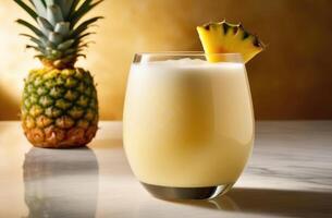 AI generated Pina Colada cocktail with rum, coconut pineapple, on marble table, dramatic hard lighting. essence of tropical vacation, taste of paradise. Ideal for travel brochures, cocktail menu photo