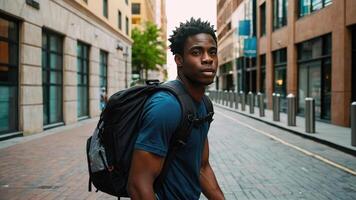 ai generado negro joven hombre en ropa de deporte que lleva mochila arrugando en calles de ciudad, soleado verano día. determinación, aptitud física, urbano exploración, al aire libre actividades, aptitud engranaje, ciudad estilo de vida foto