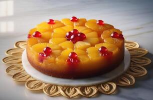 AI generated Crushed pineapple upside down cake on marble table, hard light. taste of tropical vacation, exotic culinary, evoking sense of luxury and relaxation in food blogs, travel magazines photo