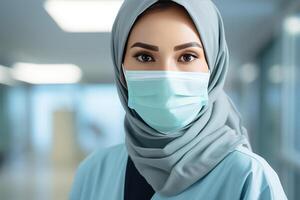 ai generado asiático musulmán hembra médico en azul matorrales mirando en cámara. retrato de mujer médico profesional, hospital médico, confidente facultativo o cirujano a trabajar. borroso antecedentes foto