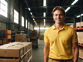 ai generado caucásico hombre en amarillo camisa en pie por mesa en entrega Servicio depósito, sonriente a cámara. ilustra diversidad y profesionalismo en entrega Servicio personal. foto