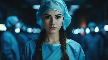 AI generated Young female doctor in blue scrubs, looking in camera, Headshot portrait of woman medic professional, hospital physician, confident practitioner or surgeon at work. blurred background photo