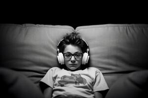 AI generated black and white image of pensive, melancholic boy wearing glasses, headphones, lying on couch with distant gaze. solitude, contemplation, mental health, impact of technology on youth photo