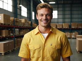 ai generado caucásico hombre en amarillo camisa en pie por mesa en entrega Servicio depósito, sonriente a cámara. ilustra diversidad y profesionalismo en entrega Servicio personal. foto