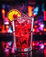 AI generated Glass of Sleepy Girl Mocktail, on the windowsill, overlooking the night city blurred background. Drink made from cherry juice, magnesium powder and non-alcoholic soda photo