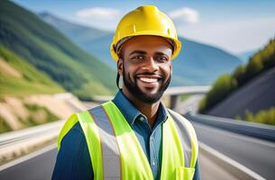 AI generated Portrait of successful middle age black man civil engineer on blurred background of the new mountain motorway, looking at camera. Confident manager wearing yellow helmet and safety vest. photo