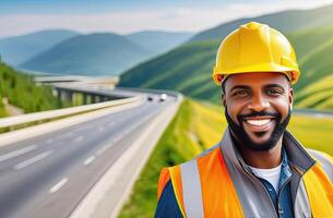 AI generated Portrait of successful middle age black man civil engineer on blurred background of the new mountain motorway, looking at camera. Confident manager wearing yellow helmet and safety vest. photo