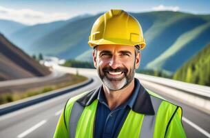 AI generated Portrait of successful middle age Asian man civil engineer on blurred background of the new mountain motorway, looking at camera. Confident manager wearing yellow helmet and safety vest. photo