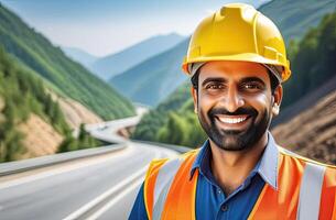 ai generado retrato de exitoso medio años indio hombre civil ingeniero en borroso antecedentes de el nuevo montaña autopista, mirando a cámara. confidente gerente vistiendo amarillo casco y la seguridad chaleco. foto