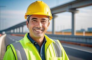 AI generated Portrait of successful middle age Asian man civil engineer on blurred background of the new motorway, looking at camera. Confident manager wearing yellow helmet and safety vest. photo