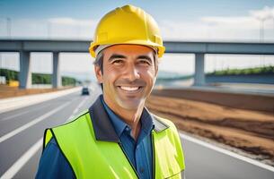 AI generated Portrait of successful middle age Asian man civil engineer on blurred background of the new motorway, looking at camera. Confident manager wearing yellow helmet and safety vest. photo