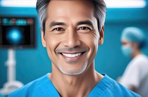 AI generated Middle aged Asian male doctor in blue scrubs, smiling looking in camera, Man medic professional, hospital physician, confident practitioner or surgeon at work. blurr background photo