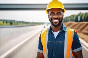AI generated Portrait of successful middle age black man civil engineer on blurred background of the new motorway, looking at camera. Confident manager wearing yellow helmet and safety vest. photo
