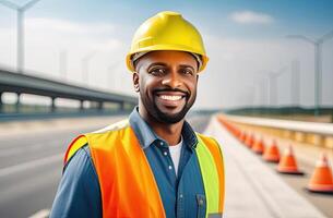 AI generated Portrait of successful middle age black man civil engineer on blurred background of the new motorway, looking at camera. Confident manager wearing yellow helmet and safety vest. photo
