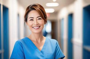 ai generado medio Envejecido asiático hembra médico en azul matorrales, sonriente mirando en cámara, mujer médico profesional, hospital médico, confidente facultativo o cirujano a trabajar. borroso antecedentes foto