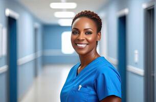 AI generated Middle aged black female doctor in blue scrubs, smiling looking in camera, woman medic professional, hospital physician, confident practitioner or surgeon at work. blurred background photo