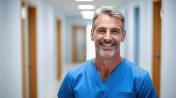 AI generated Middle aged male doctor in blue scrubs, smiling looking in camera, Portrait of man medic professional, hospital physician, confident practitioner or surgeon at work. blurred background photo