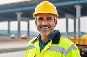 AI generated Portrait of successful middle age Asian man civil engineer on blurred background of the new motorway, looking at camera. Confident manager wearing yellow helmet and safety vest. photo