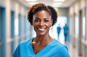 AI generated Middle aged black female doctor in blue scrubs, smiling looking in camera, woman medic professional, hospital physician, confident practitioner or surgeon at work. blurred background photo