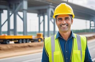 AI generated Successful middle age Asian man civil engineer on blurred background of the new motorway, looking at camera. Confident manager wearing yellow helmet and safety vest. photo