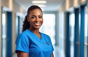 AI generated Middle aged black female doctor in blue scrubs, smiling looking in camera, woman medic professional, hospital physician, confident practitioner or surgeon at work. blurred background photo