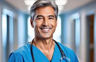 AI generated Middle aged Asian male doctor in blue scrubs, smiling looking in camera, Man medic professional, hospital physician, confident practitioner or surgeon at work. blurr background photo