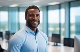 AI generated handsome office executive standing in contemporary start-up coworking open space office. Black man 30-35 yo manager smiling, looking at camera. Teamwork, business people. Blurr background photo