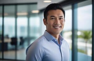 AI generated handsome Asian office executive standing in contemporary start-up coworking open space office. Man 30-35 yo manager smiling, looking at camera. Teamwork, business people. photo