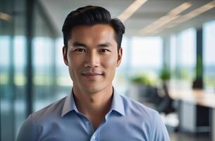 AI generated handsome Asian office executive standing in contemporary start-up coworking open space office. Man 30-35 yo manager smiling, looking at camera. Teamwork, business people. photo