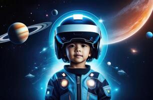 ai generado un niño vistiendo un vr casco es en exterior espacio Gracias a realidad virtual, con planetas y estrellas alrededor, concepto de nuevo futuro tecnología, futurista ambiente foto