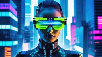 AI generated woman in pixelated neon glasses, advanced technology and beauty. futuristic cyberpunk cityscape. innovation, futurism, urban tech culture in digital design, advertising, sci-fi projects photo