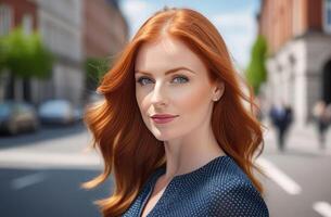 AI generated portrait of stylish 30 yo redhead woman in office attire, big city street, sunny summer day. confidence, professionalism, urban sophistication. modern career lady, city life. smm concept photo
