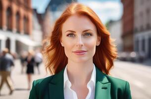 AI generated portrait of stylish 30 yo redhead woman in office attire, big city street, sunny summer day. confidence, professionalism, urban sophistication. modern career lady, city life. smm concept photo