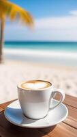 ai generado taza de café en blanco platillo en playa bar encimera, azul cielo, blanco oceánico arena, ligero borroso fondo, selectivo enfocar, Copiar espacio foto