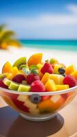 AI generated Bowl of fruit salad made from summer tropical fruits on beach bar counter, blue sky, white oceanic sand, light blurred background, selective focus, copy space photo