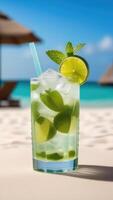 AI generated Glass of mojito cocktail on beach bar counter, blue sky, white oceanic sand, light blurred background, selective focus, copy space photo