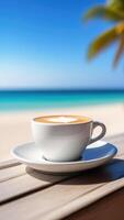 AI generated Cup of coffee on white saucer on beach bar counter, blue sky, white oceanic sand, light blurred background, selective focus, copy space photo