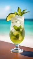 AI generated Glass of mojito cocktail on beach bar counter, blue sky, white oceanic sand, light blurred background, selective focus, copy space photo