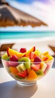 AI generated Bowl of fruit salad made from summer tropical fruits on beach bar counter, blue sky, white oceanic sand, light blurred background, selective focus, copy space photo