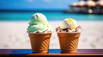 AI generated Cup of ice cream on beach bar counter, blue sky, white oceanic sand, light blurred background, selective focus, copy space photo