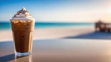 AI generated Glass of cold iced coffee cocktail on beach bar counter, blue sky, white oceanic sand, light blurred background, selective focus, copy space photo