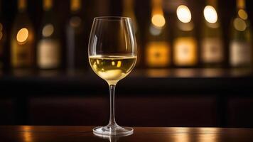 ai generado vaso de blanco vino en mesa en bar, borroso temperamental oscuro fondo, selectivo atención foto