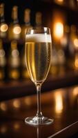 AI generated Glass of white sparkling wine on table in bar, blurred moody dark background, selective focus photo